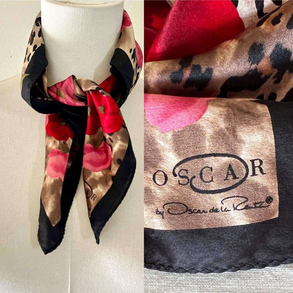 100% Silk Vintage Y2K Oscar de la Renta Floral Leopard Square Neckerchief Scarf